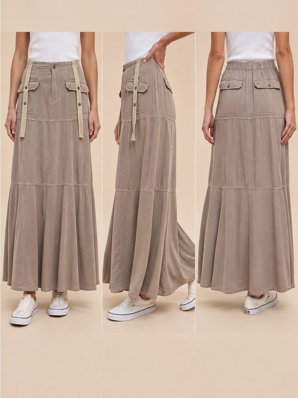 bohme Tiered Utility Maxi Skirt in Taupe with Contrast Straps